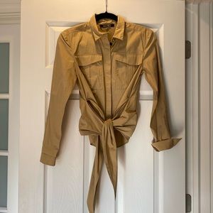 Roberto Cavalli, tan button down top, tie front